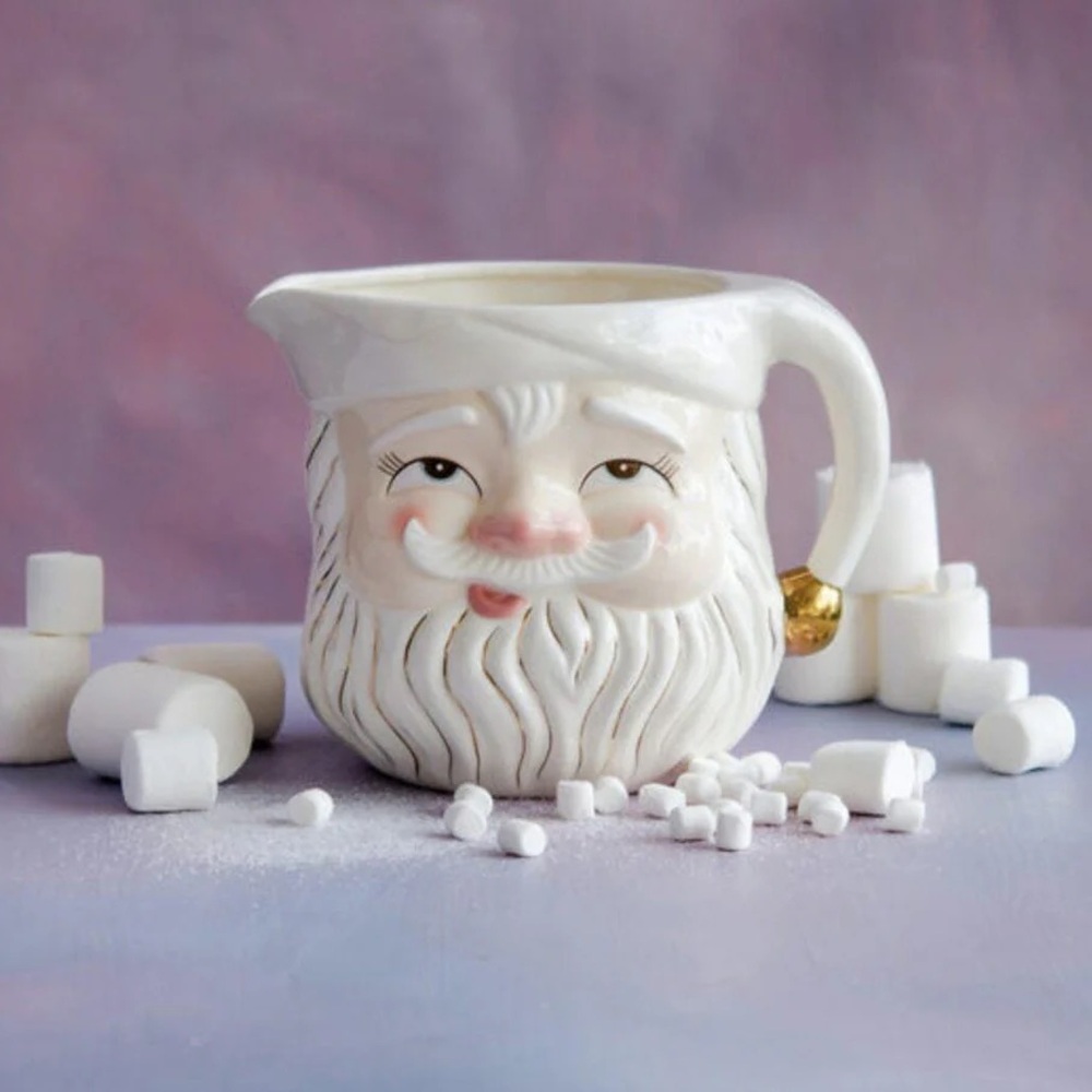 Glitterville papa noel santa pitcher gold eyes open white